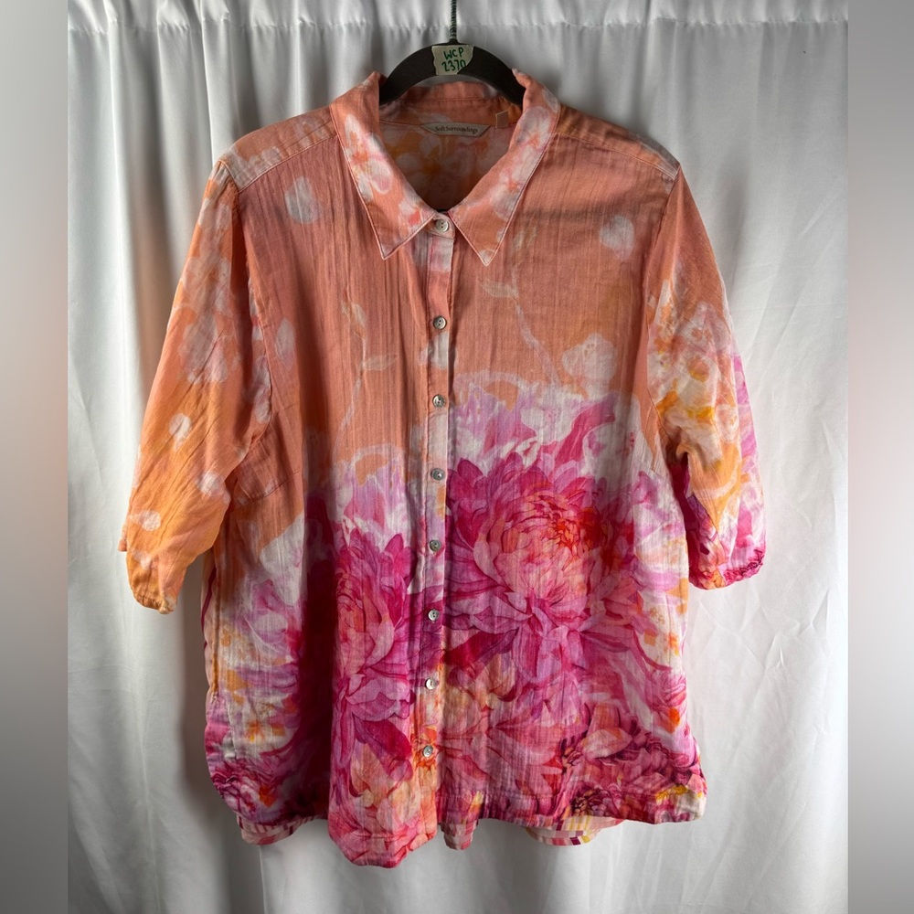 Soft Surroundings Orange and Pink Boxy Button Down Collar Shirt Cotton Blend
